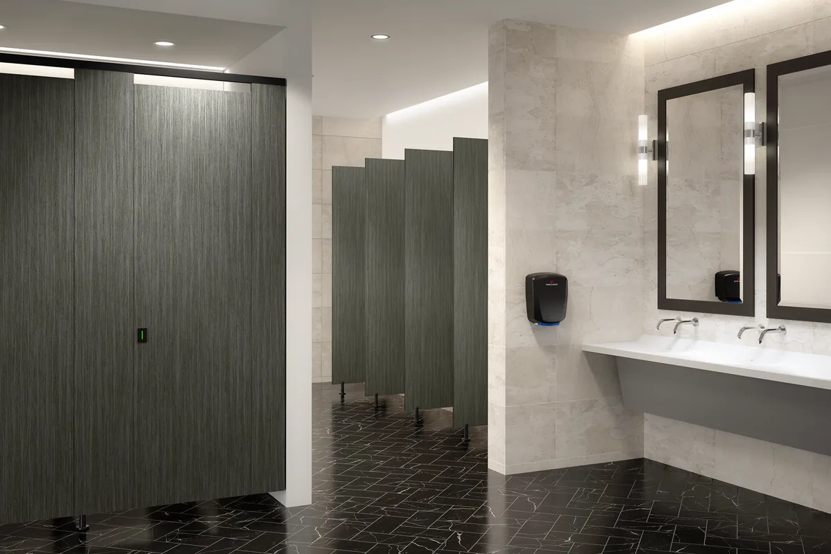 Hadrian phenolic toilet partitions with black hardware