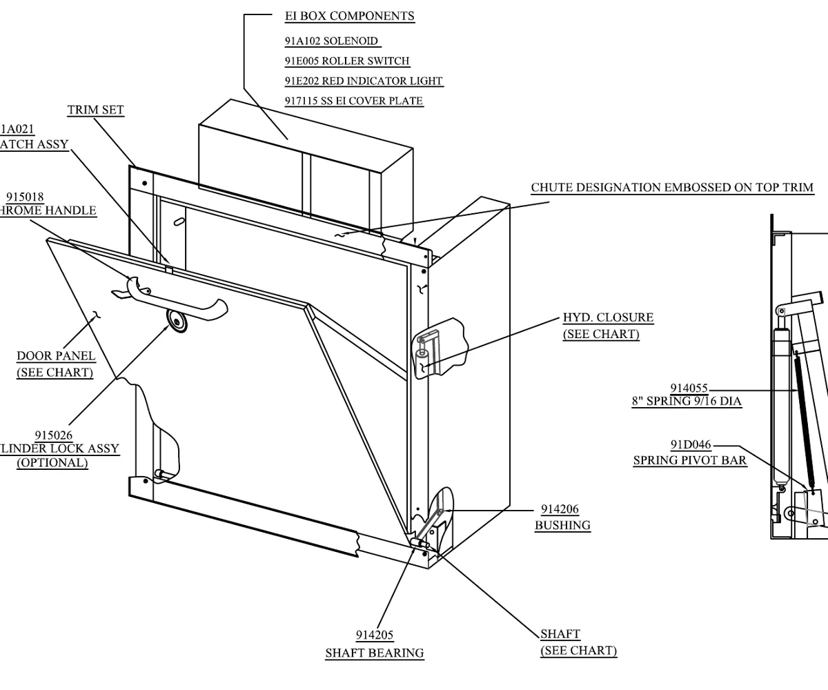 Wilkinson Hi-Rise intake door parts: latch, handle, hydraulic closure, spring and shaft